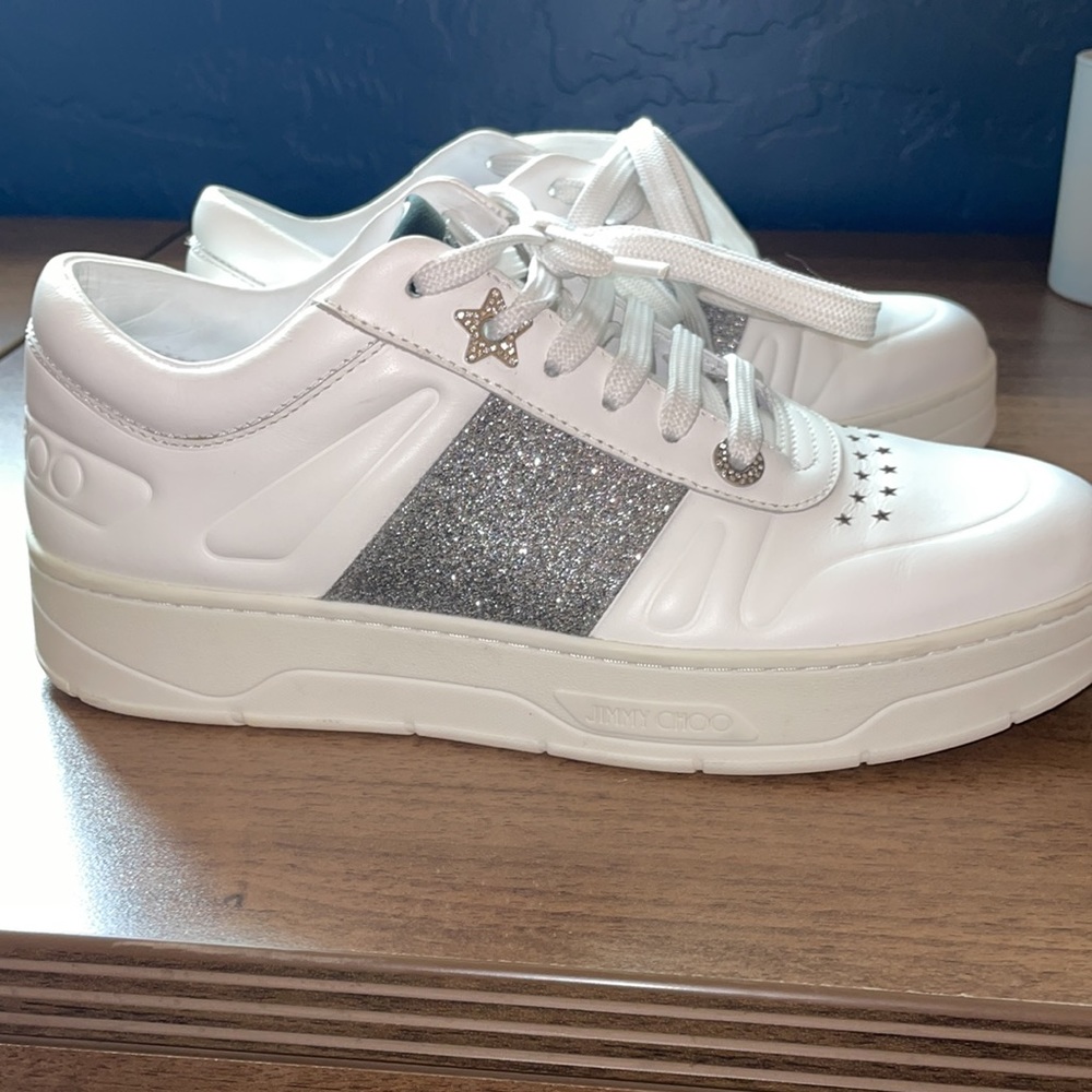 JIMMY CHOO White and Silver Leather Sneakers, Sz. 39